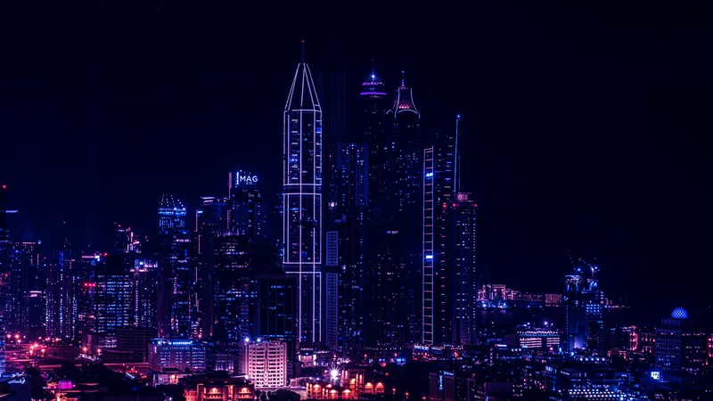 Violet-lit towers along a waterfront at night